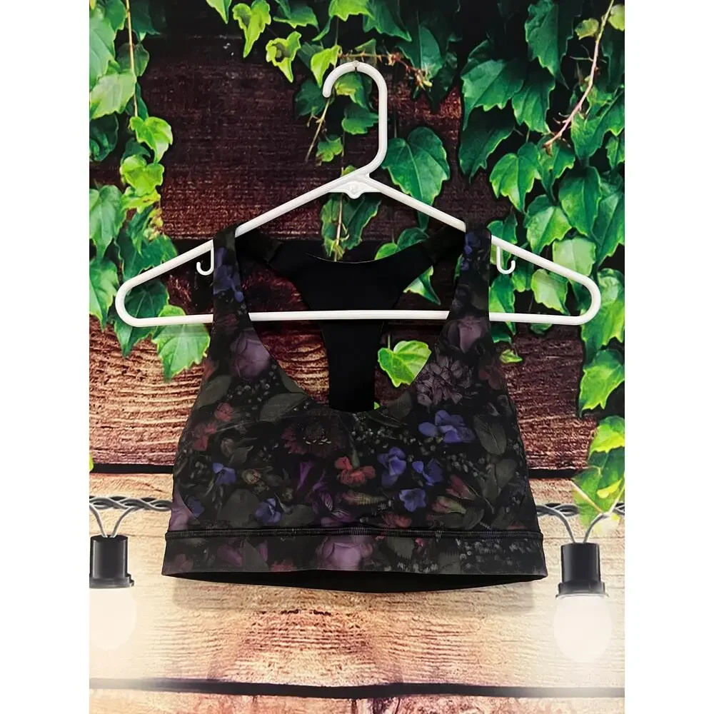 Lululemon Break Free Sports Athletic Yoga Bra Nulux Frozen Floral Black Womens 8 - Picture 3 of 9